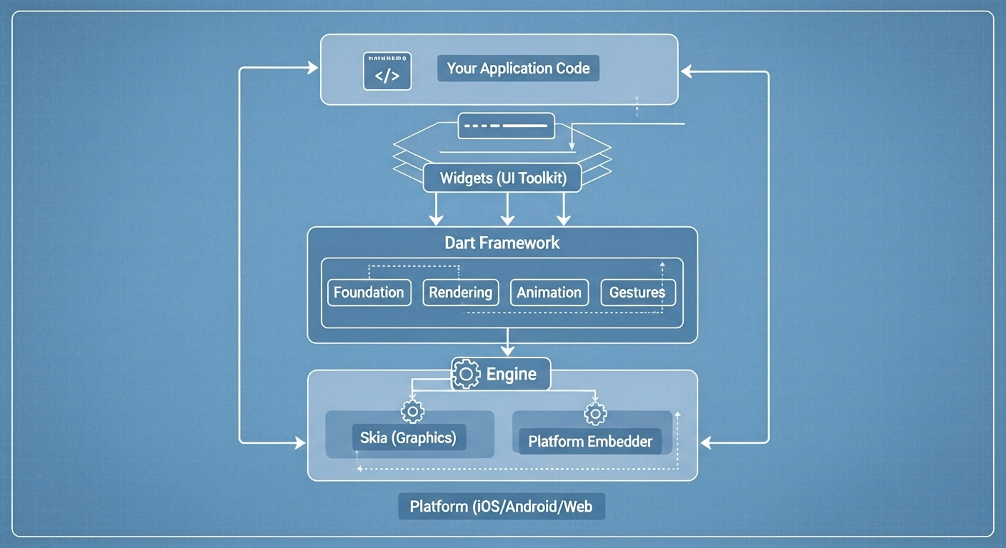 Flutter architecture: Widget layers, API, BLoC.