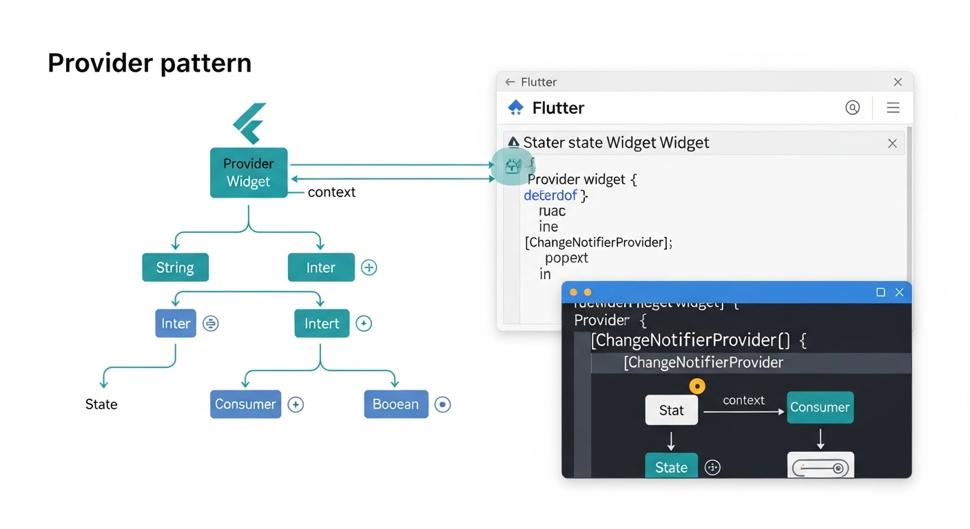 Flutter Provider state management visual: code editor & app UI connecting data flow.