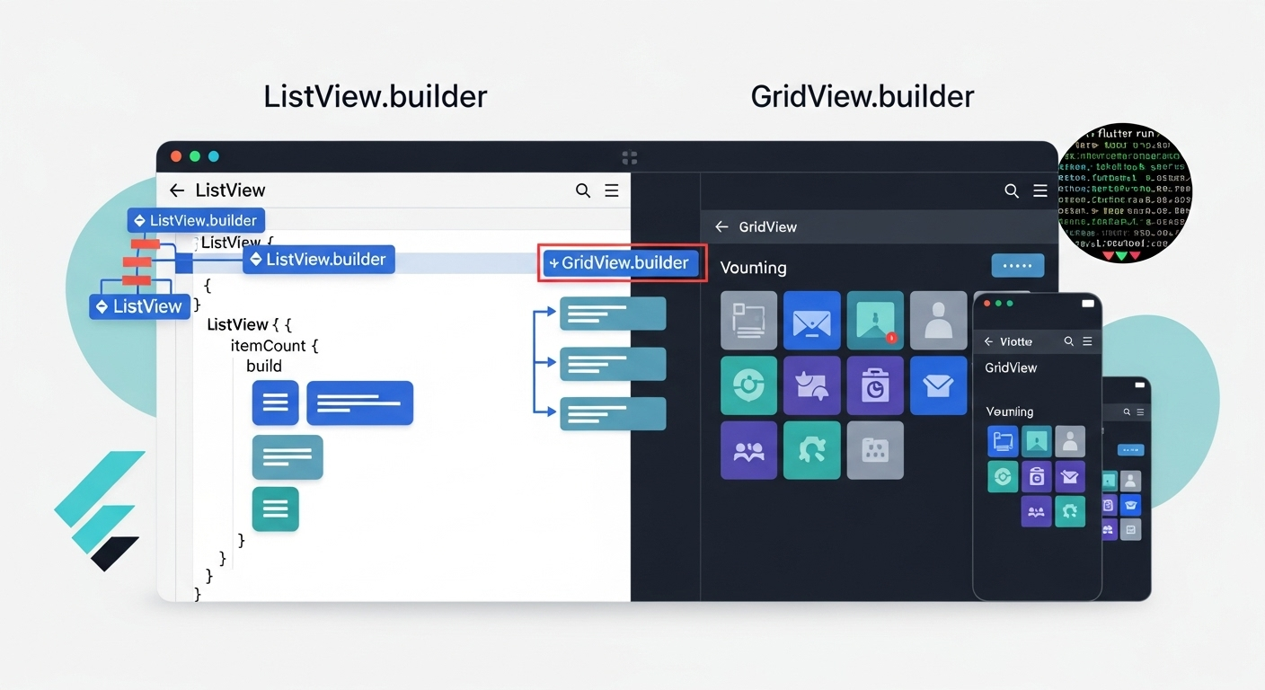 Flutter ListView & GridView UI showcasing dynamic data display.