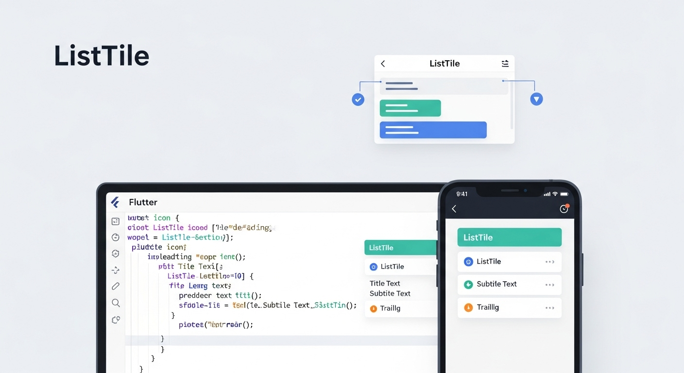 Flutter ListTile widget visualization. Listview with icons, title, and action elements.