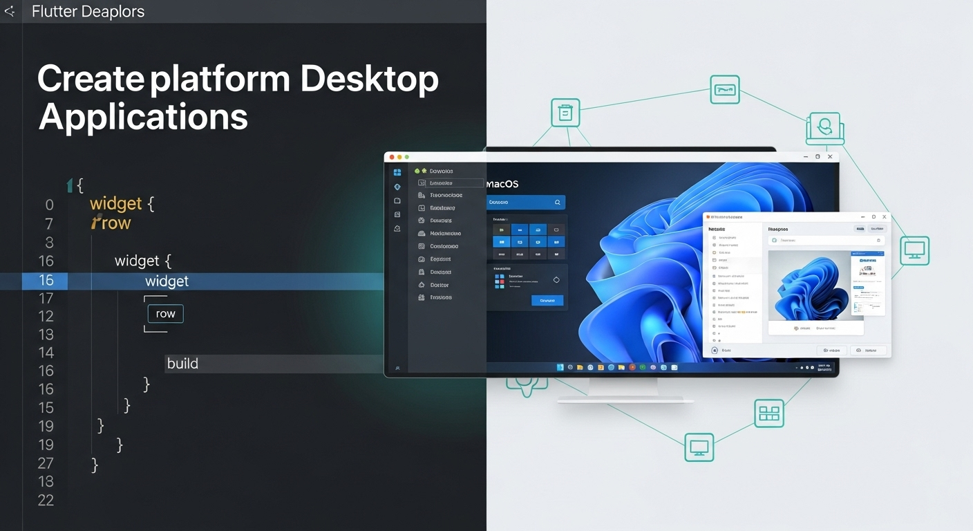 Flutter cross-platform desktop app build: code, Windows, macOS, Linux.