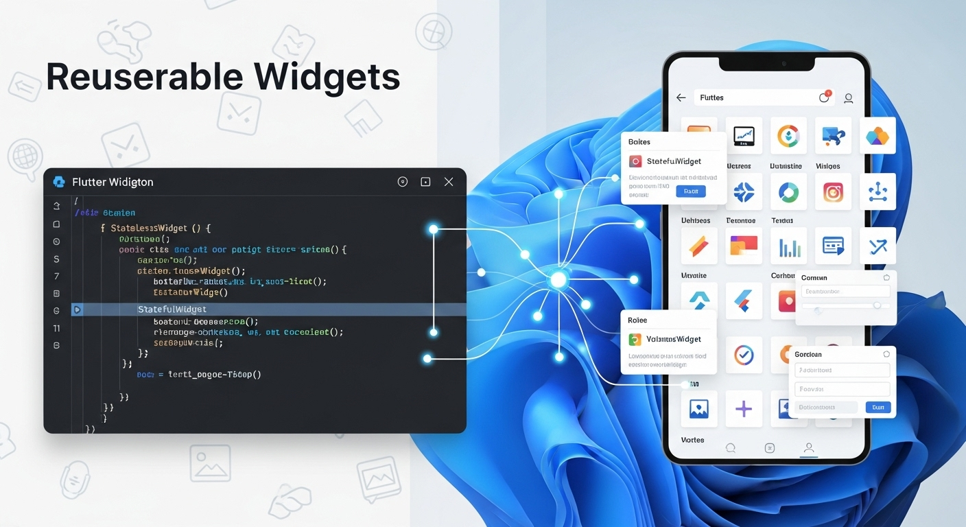 Flutter Dev technical illustration for Reusable Widgets in Flutter: Build Once, Use Everywhere!