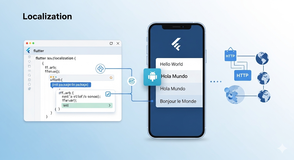 Flutter Localization: Code connects to multilingual app UI.