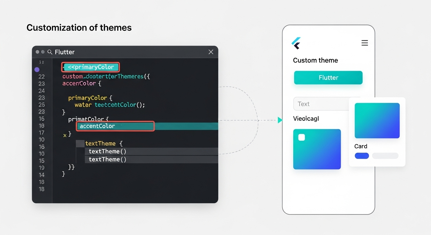 Flutter theme customization: Code & UI showcasing custom styles.