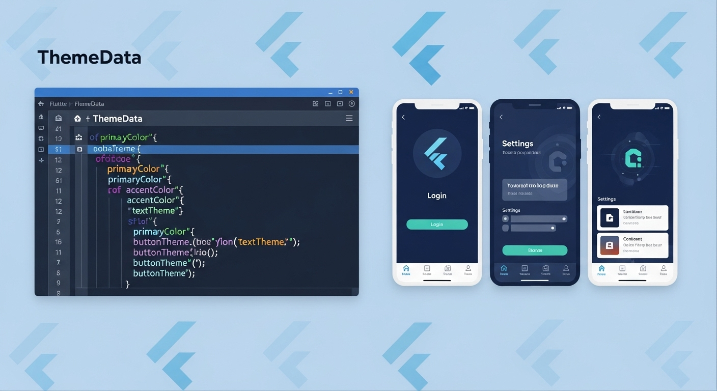 Flutter ThemeData: Code editor & themed app UI.
