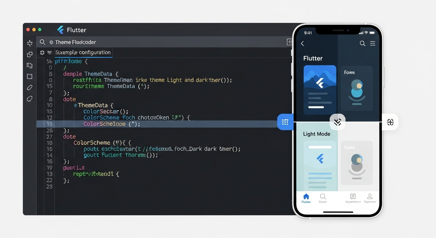 Flutter dark mode implementation. Code editor & UI in light/dark themes.