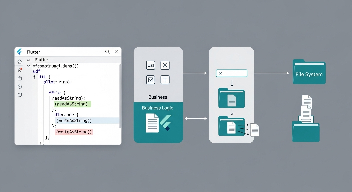 Flutter file I/O. Code, storage, and app interaction.