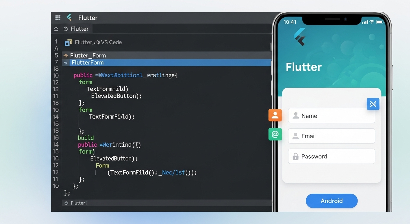 Flutter form creation UI: Code editor & running app.
