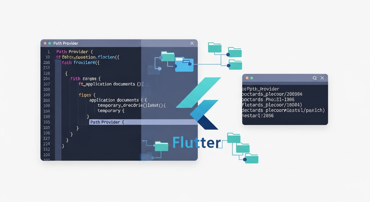 Flutter file handling using Path Provider. Visual: Code, file structure, terminal output.