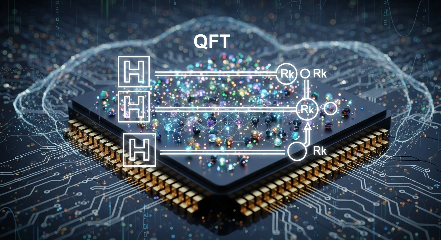Futuristic quantum chip with a glowing 3-qubit QFT circuit diagram overlaid, showing Hadamard and controlled-phase gates amidst digital quantum energy patterns.